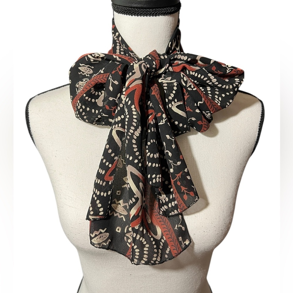 Elegant Black and Burnt Orange Patterned Scarf, approx. 10.5”x58” - Picture 5 of 10